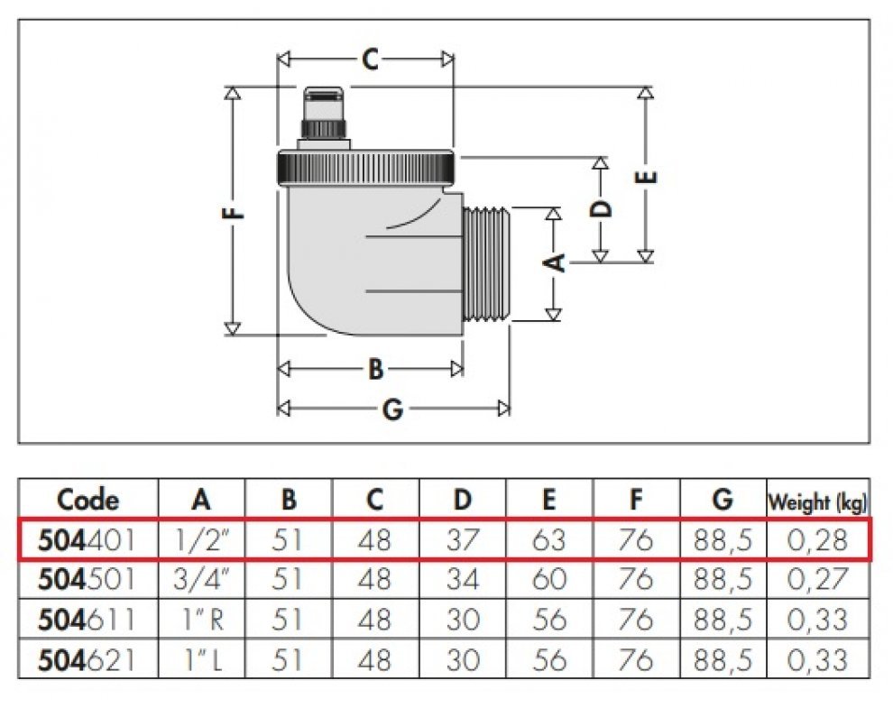 AERCAL - Automatický odvzdušňovací radiátorový ventil, rohový 1/2