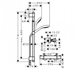 sprchový systém so stenovým termostatom, 2-poloh.ručná sprška, tyč 720mm, CROMA SELECT S, chróm