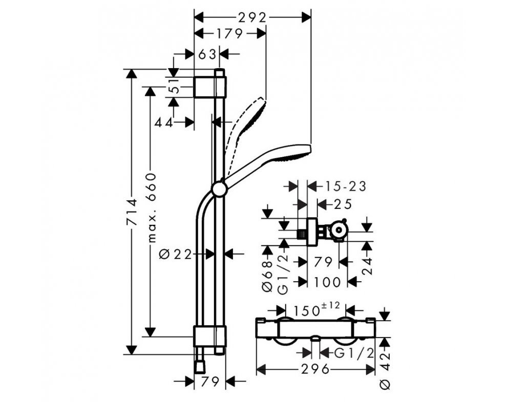 sprchový systém so stenovým termostatom, 2-poloh.ručná sprška, tyč 720mm, CROMA SELECT S, chróm